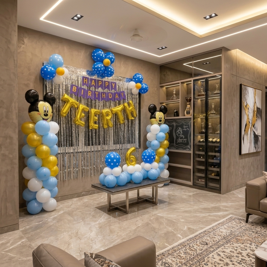 Birthday decoration with balloons and arch in a living room.