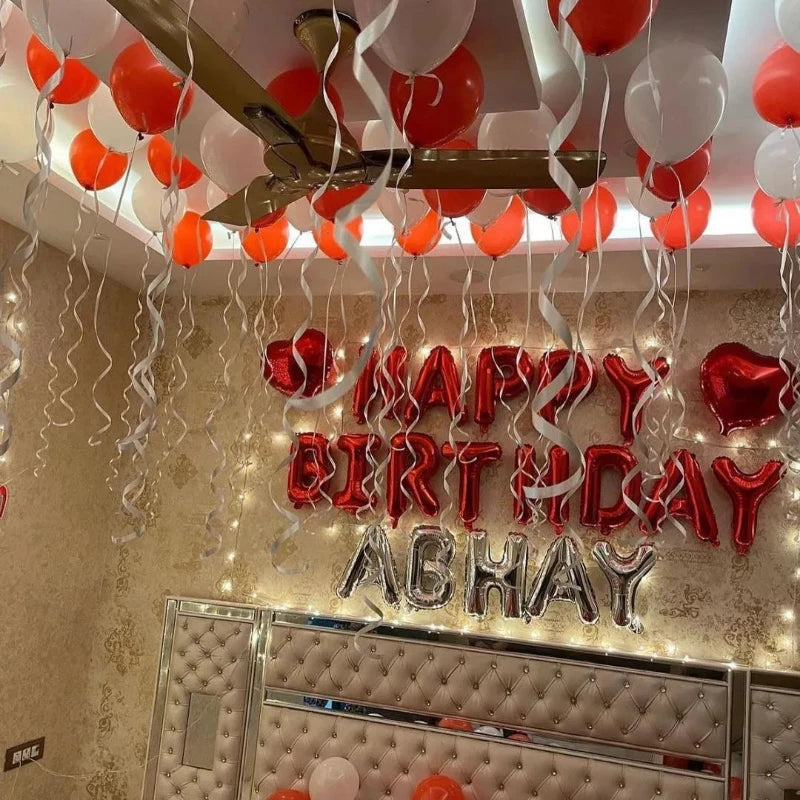Romantic Room Decoration with Red and White Balloons and Fairy Lights