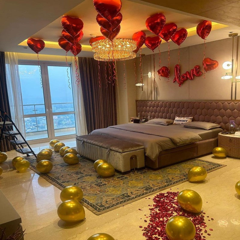 Romantic Surprise for her with Balloons and rose petals in Room