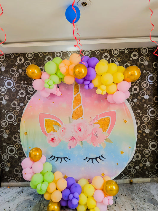 Unicorn Theme Birthday Decoration with balloons.