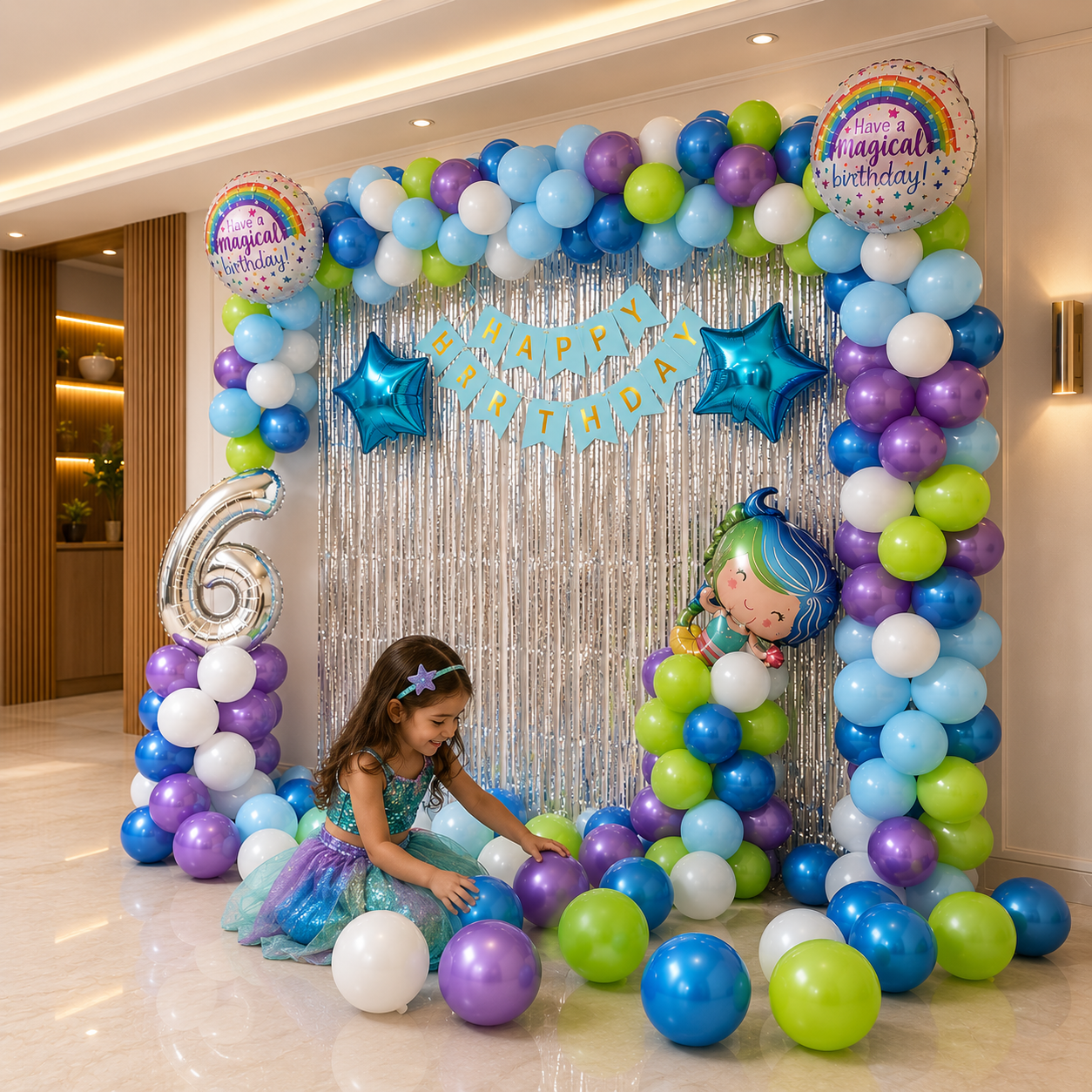 Child in a birthday party setting with colorful balloons and decorations.