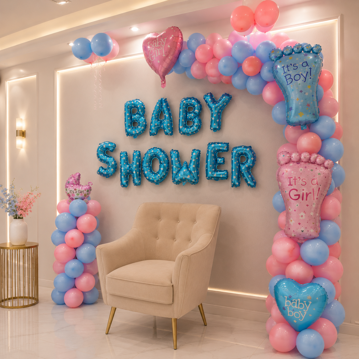 Baby shower decoration with balloons and 'It's a Boy!' and 'It's a Girl!' signs.