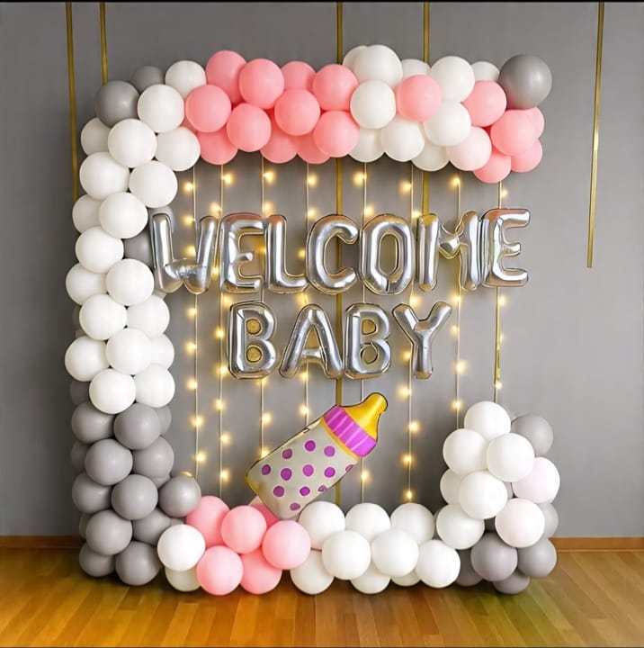 Baby's Welcome at Home Decor with Balloons and Fairy Lights for newborn welcome decoration at home