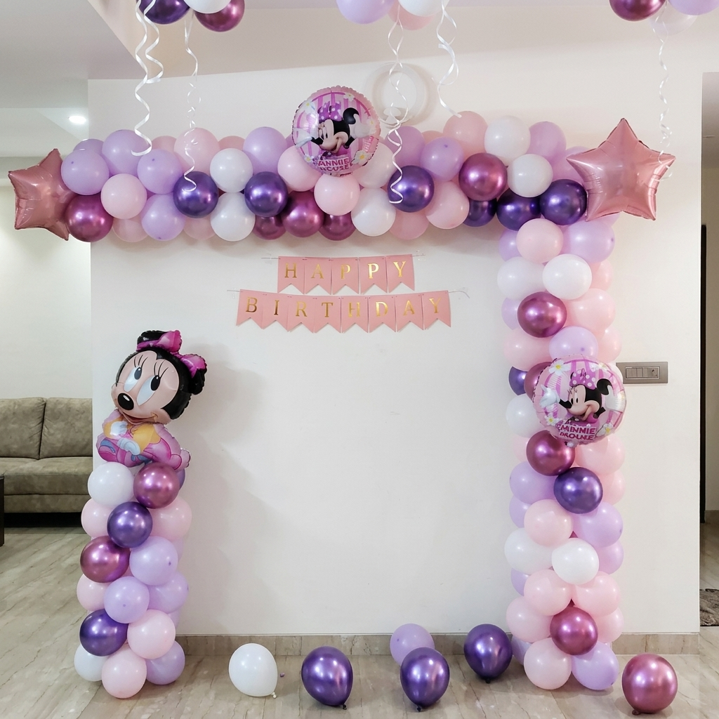 Balloon arch with Minnie Mouse decorations and 'Happy Birthday' banner in a room.