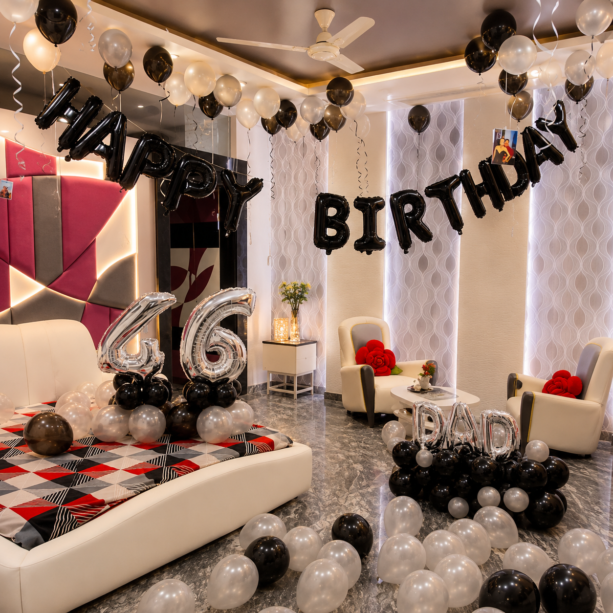Balloon Decoration for DAD in Vintage silver and black theme