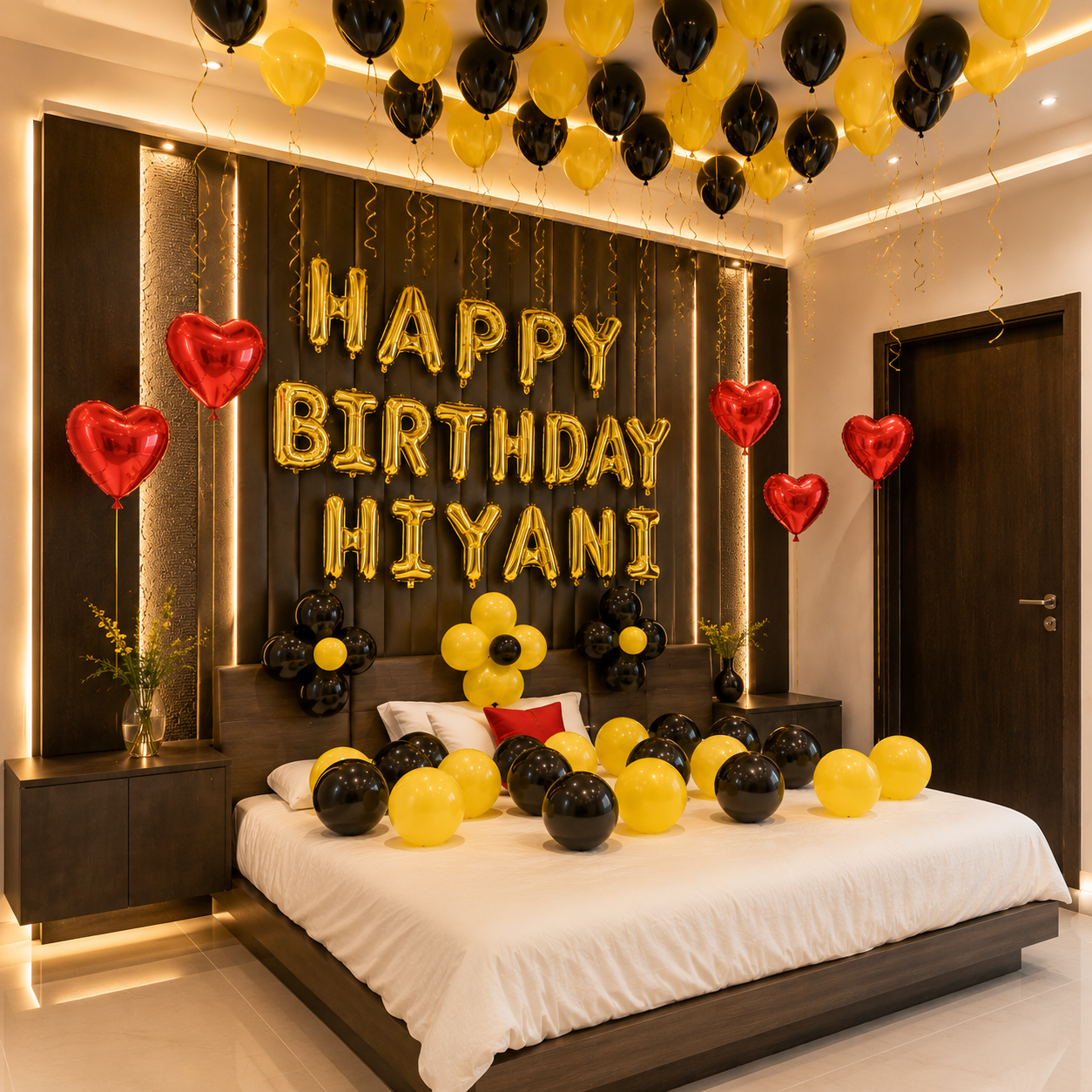 Decorated bedroom with balloons and 'Happy Birthday Hiyani' message on a wall.