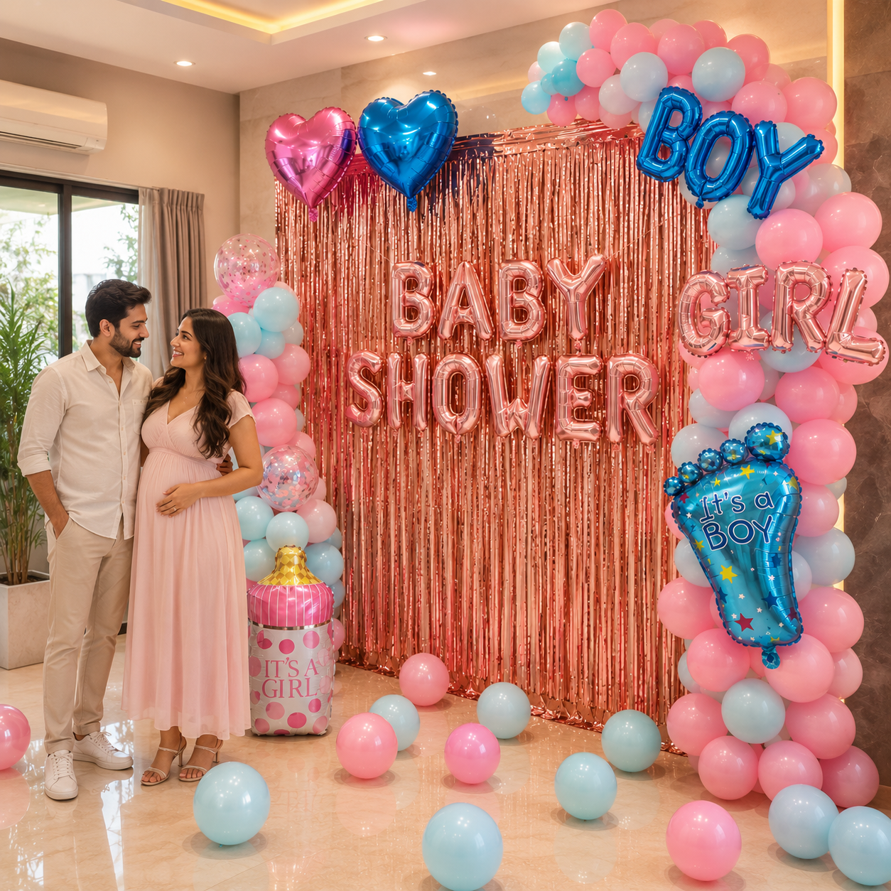 Pregnant couple standing in front of a 'Baby Shower' backdrop with pink and blue balloons.