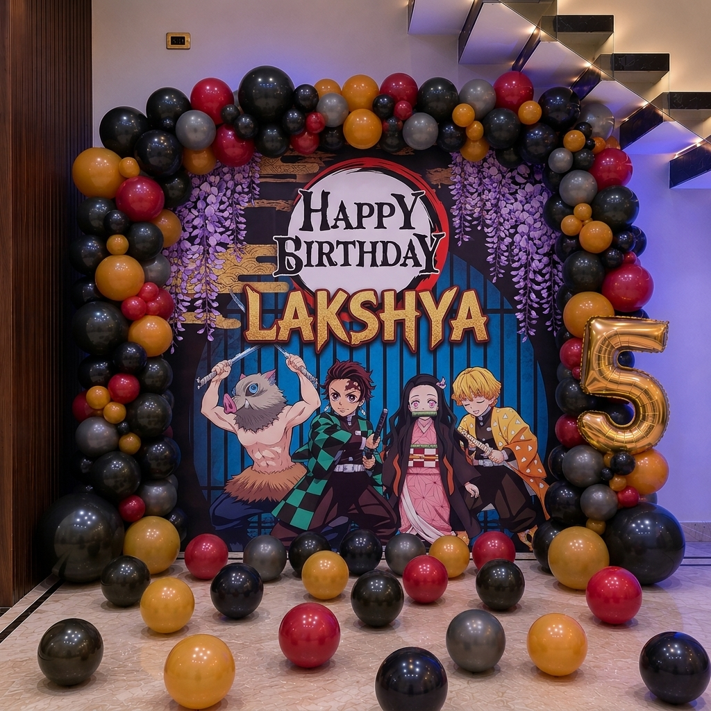 Deamon Slayer Theme Birthday Backdrop with Balloons in Bangalore, Hyderabad, Pune, Mumbai