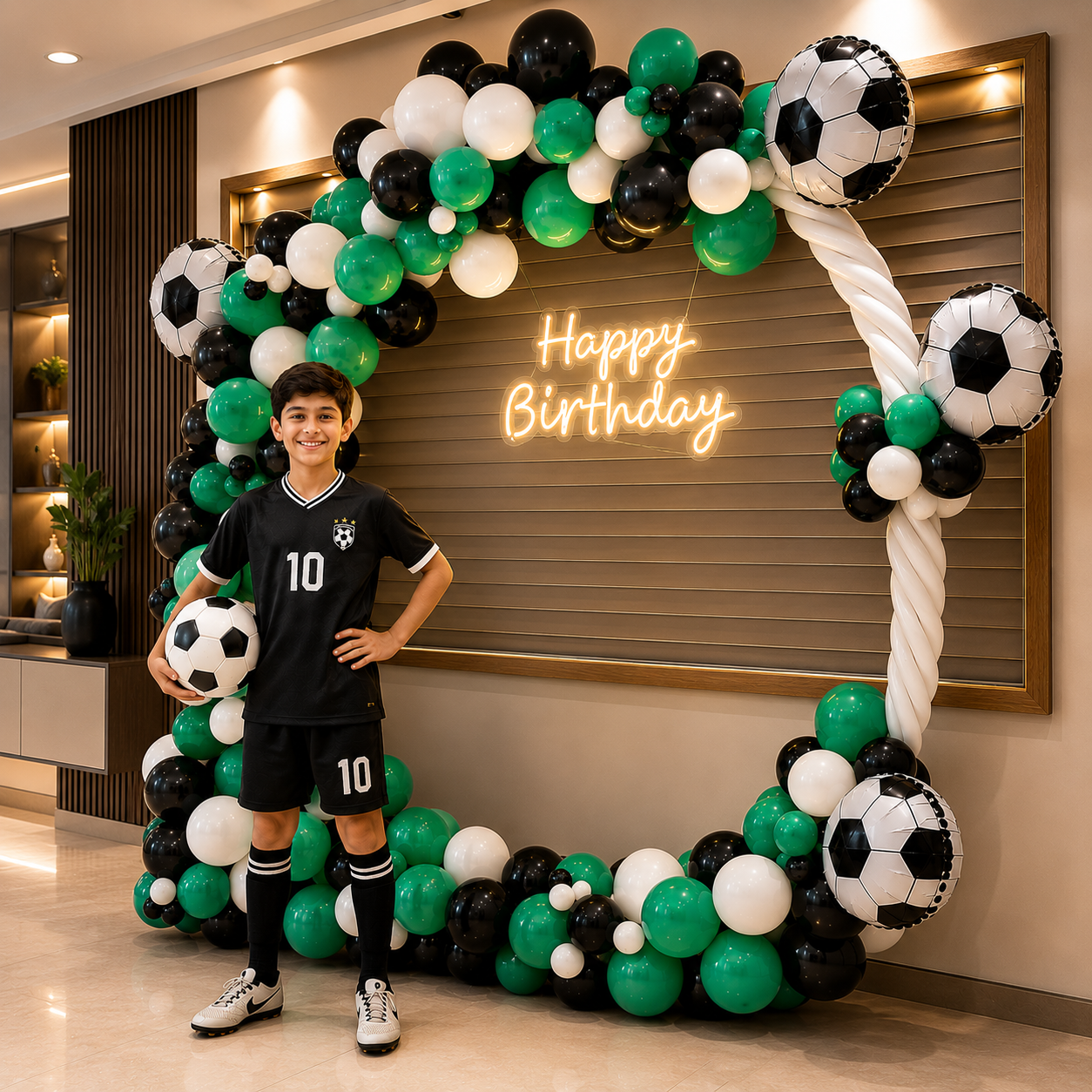 Young boy in a soccer-themed outfit standing in front of a 'Happy Birthday' arch decorated with soccer balls and balloons.
