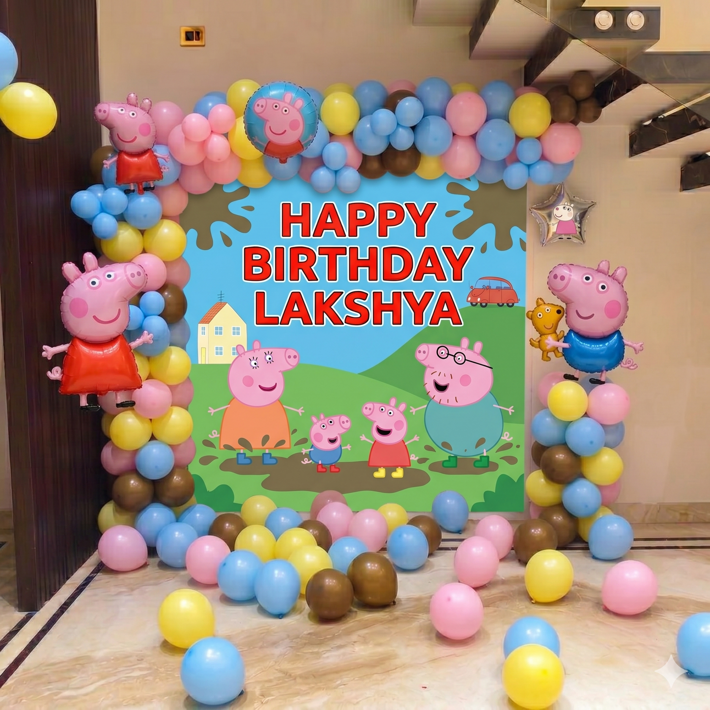 Peppa Pig Theme Birthday Backdrop with Balloons in Bangalore, Hyderabad, Pune, Mumbai