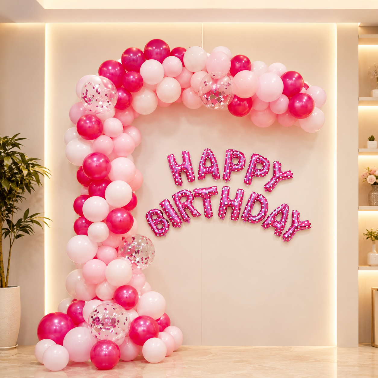 Balloon arch with 'Happy Birthday' banner in a room setting