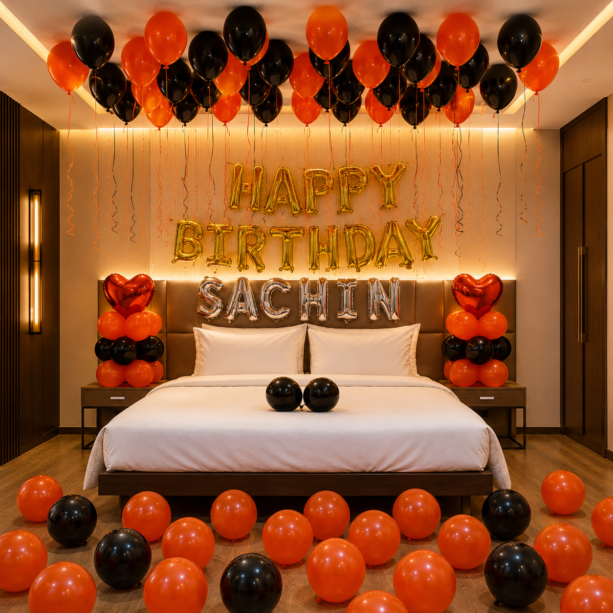 Decorated bedroom with balloons and 'Happy Birthday Sachin' sign