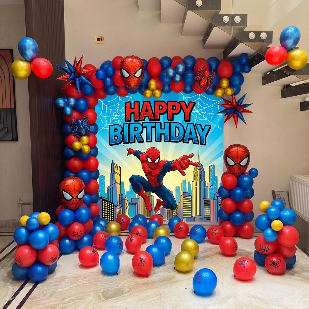 Spiderman Theme Birthday Backdrop with Balloons in Bangalore, Hyderabad, Pune, Mumbai