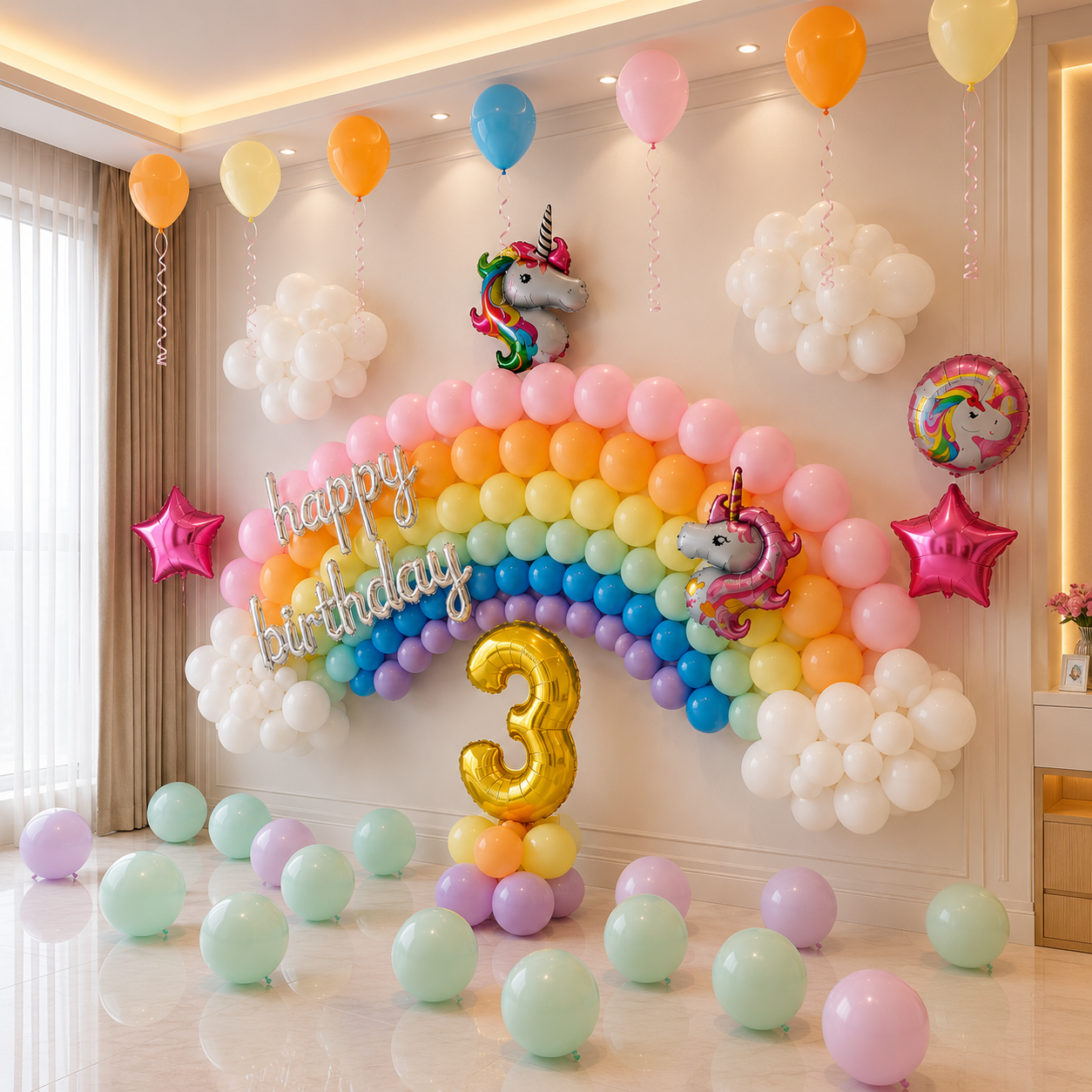 Colorful balloon arch with rainbow, unicorn, and 'Happy Birthday 3' decorations in a room.