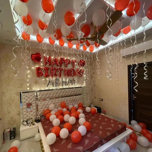 Romantic Room Decoration with Red and White Balloons and Fairy Lights