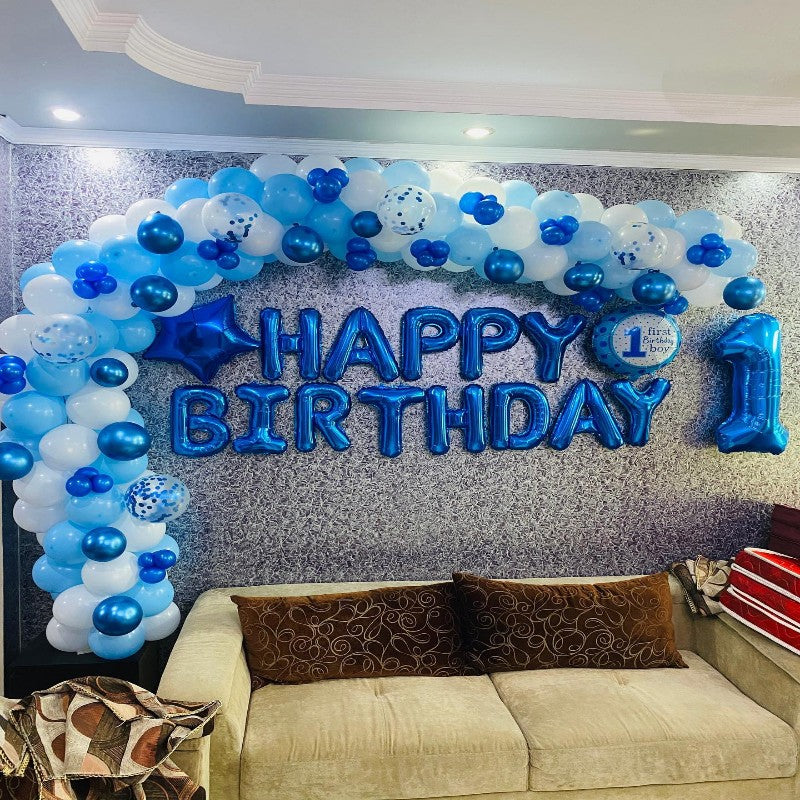 Baby Boy 1st Birthday Balloon Decoration in Blue theme at home