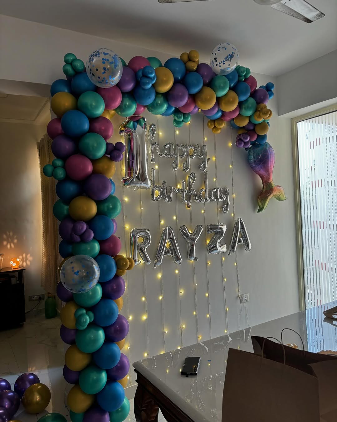 Mermaid Theme Birthday Balloons Decoration with chrome balloons and Fairy Lights