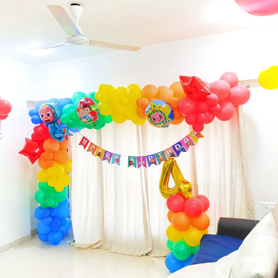 Beautiful and Elegant Cocomelon Theme colorful birthday balloon decoration at home or banquet