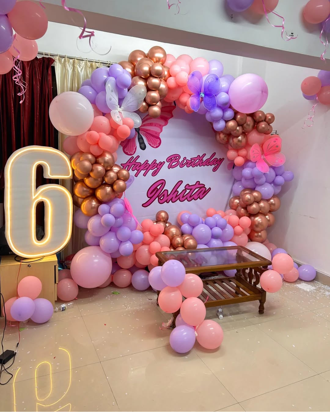 Butterfly Theme Birthday Balloons Ring Decoration at home for Girl.