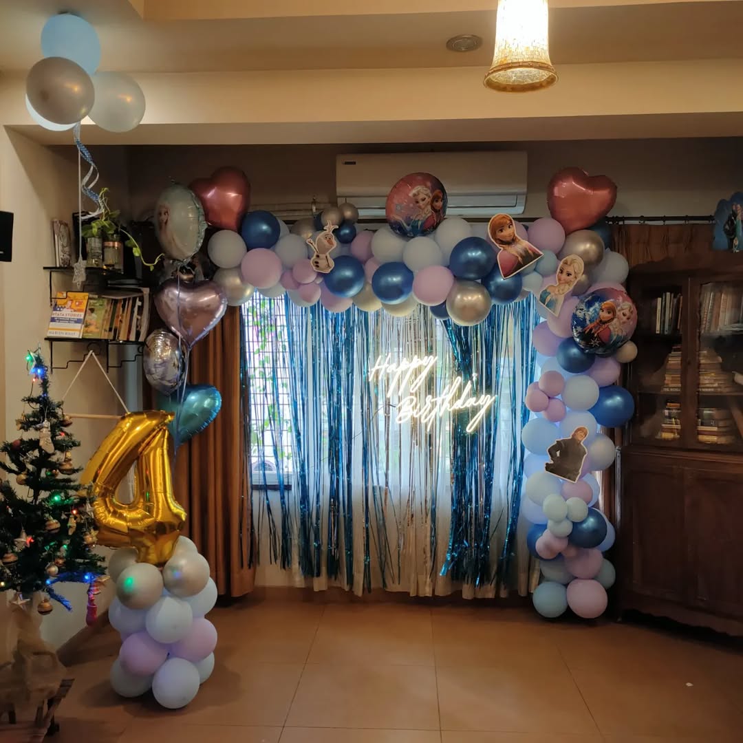 Elsa theme Birthday Balloons Decoration at home with theme props