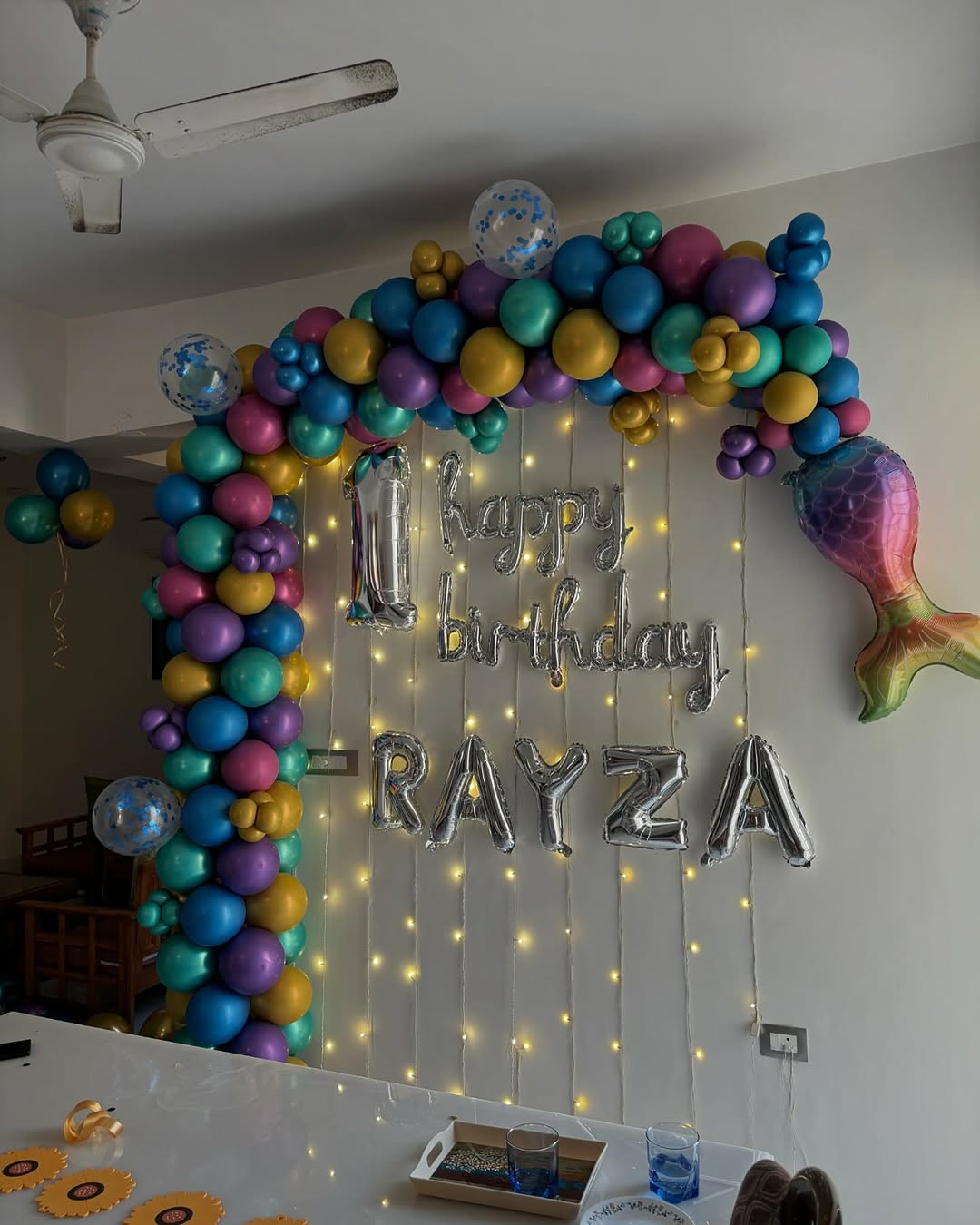 Mermaid Theme Birthday Balloons Decoration with chrome balloons and Fairy Lights