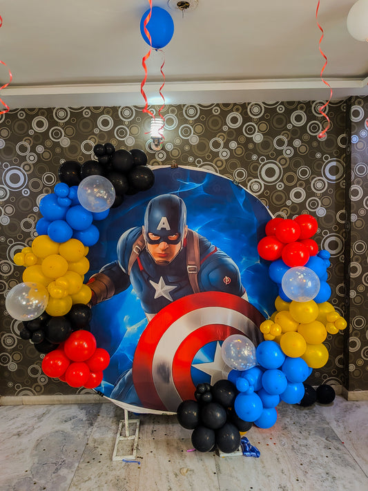 Captain America Theme Birthday Decoration with balloons.