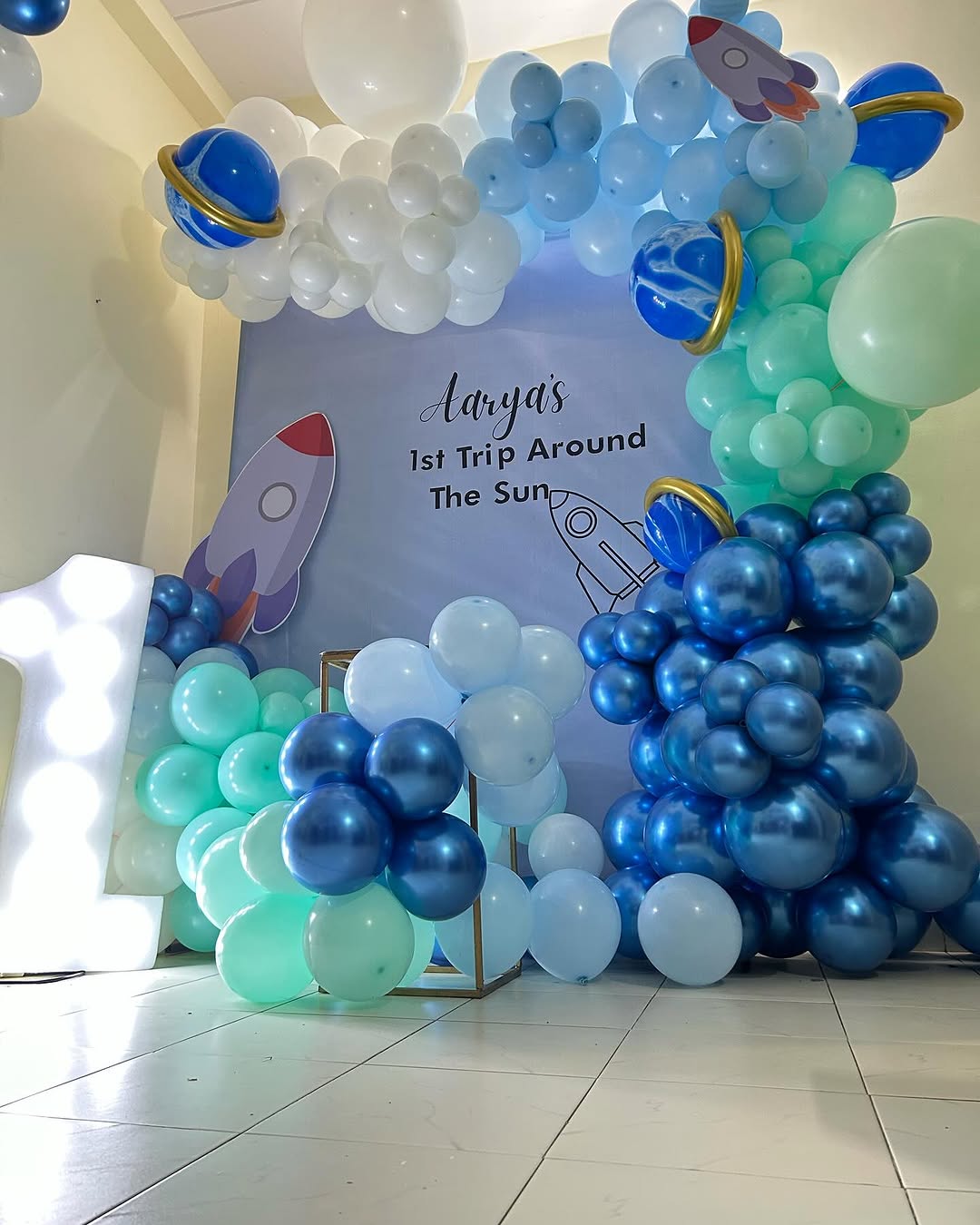 First trip around the sun theme birthday balloon decoration for first Birthday.