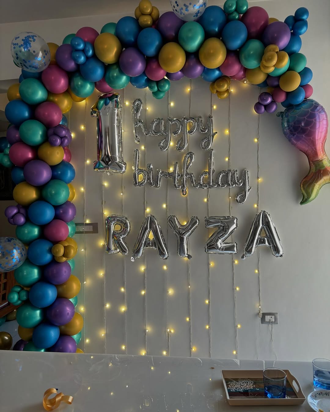 Mermaid Theme Birthday Balloons Decoration with chrome balloons and Fairy Lights