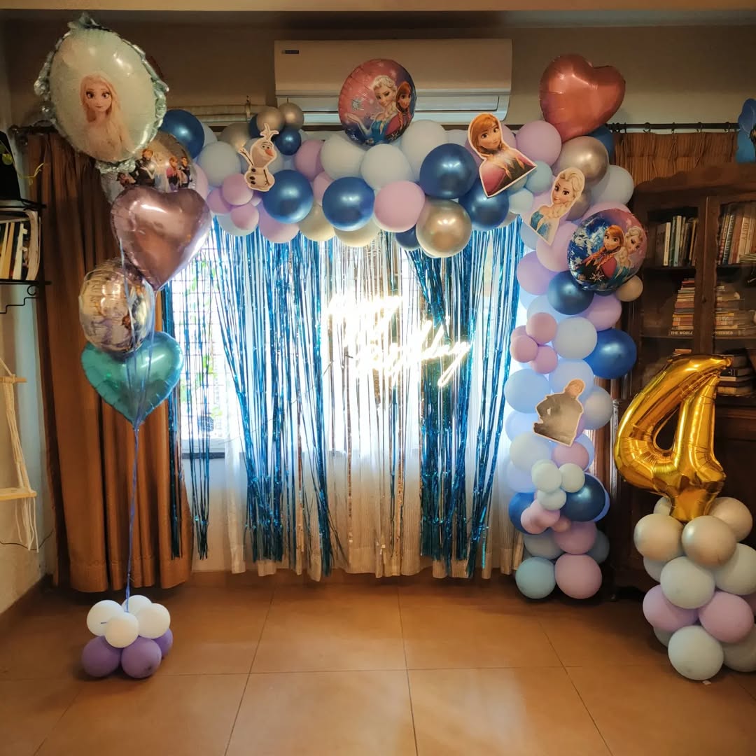 Elsa theme Birthday Balloons Decoration at home with theme props