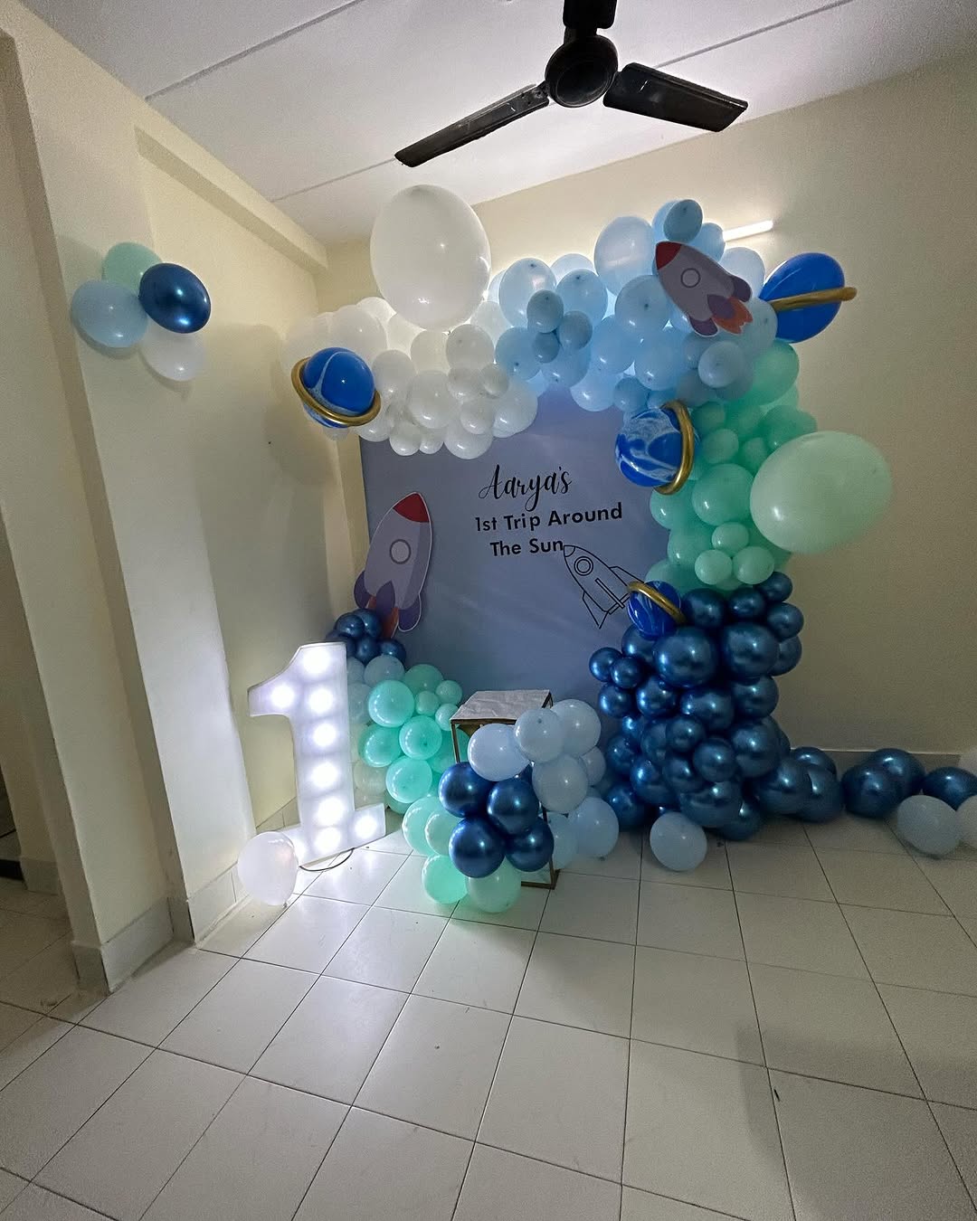 First trip around the sun theme birthday balloon decoration for first Birthday.