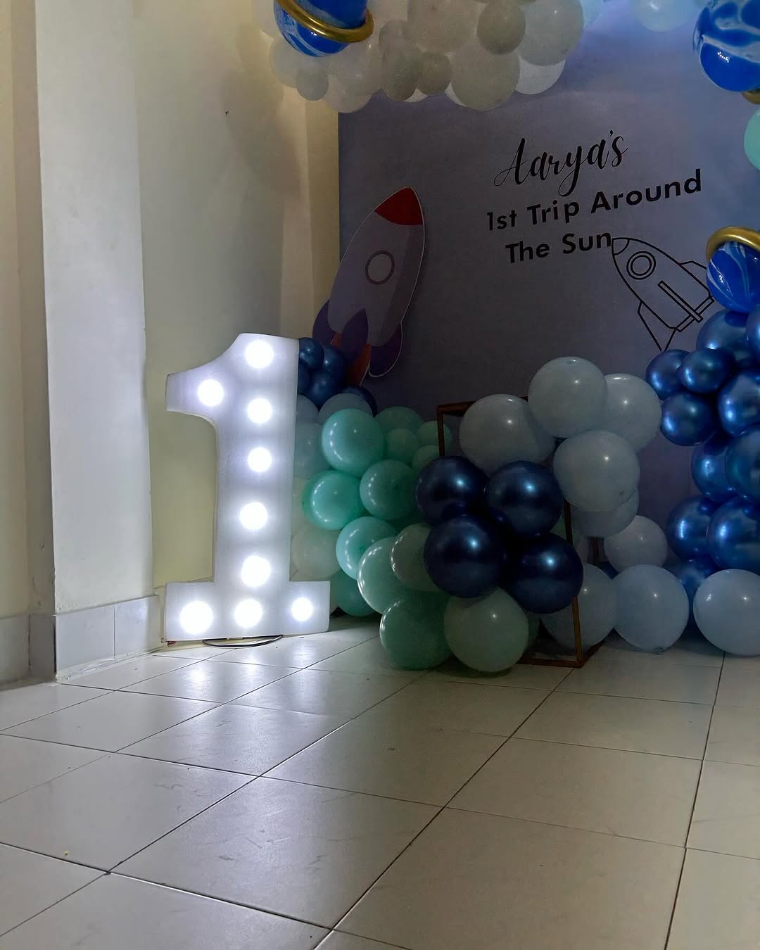 First trip around the sun theme birthday balloon decoration for first Birthday.