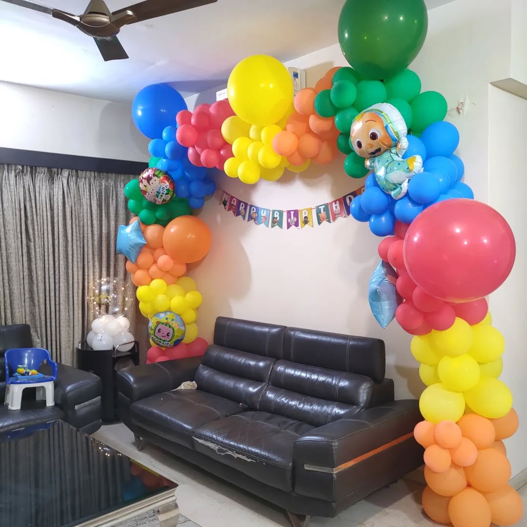 Cocomelon Theme Birthday Balloons Decoration at home for Girl or Boy with multicolour balloons