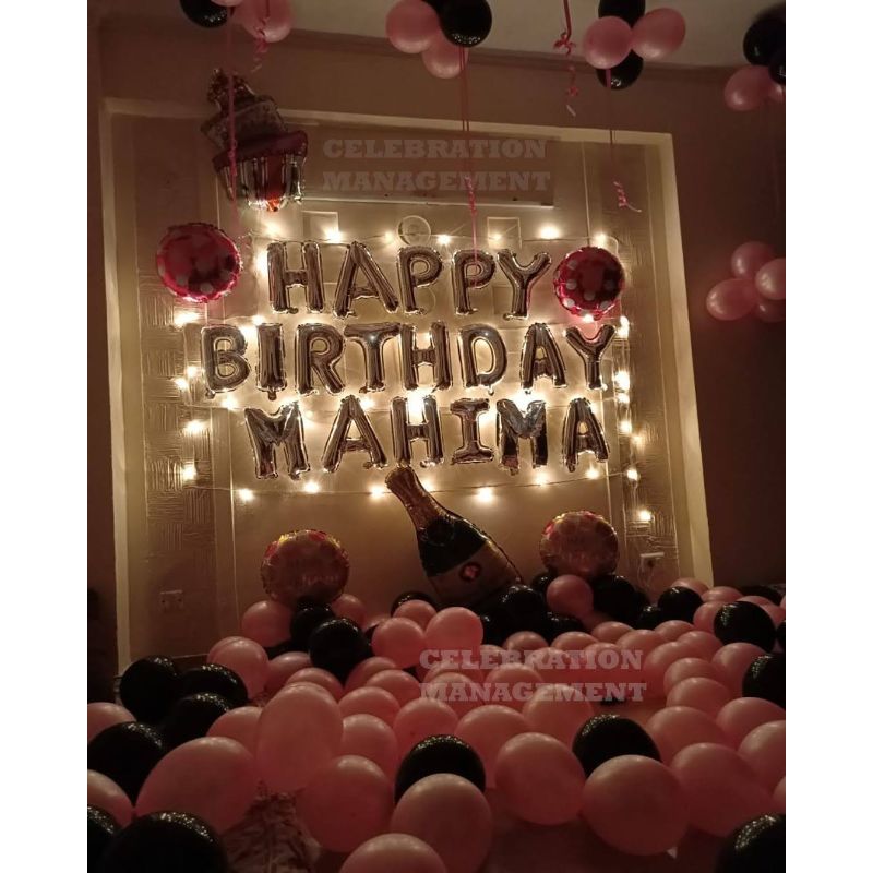 Romantic Pink and Black theme Balloon Decoration for Birthday Surprise for her