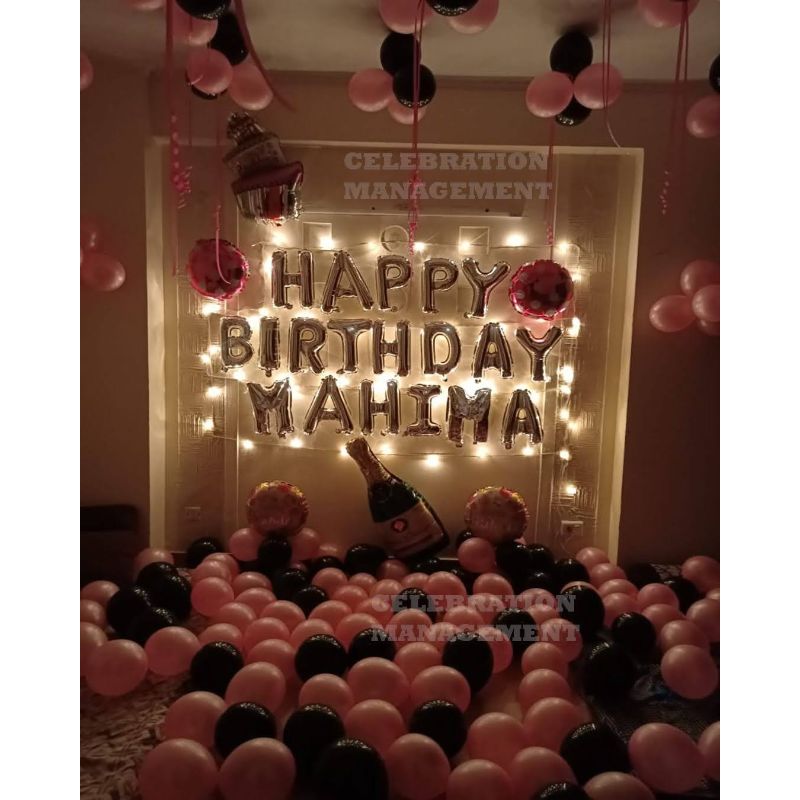 Romantic Pink and Black theme Balloon Decoration for Birthday Surprise for her