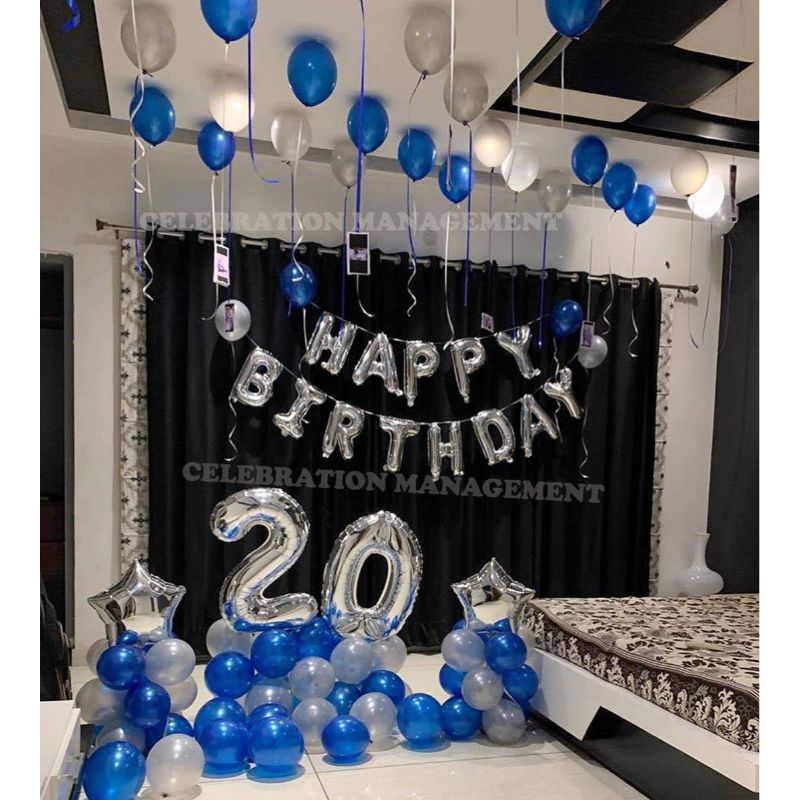 Happy Birthday Silver and Blue Balloon Decoration at Home