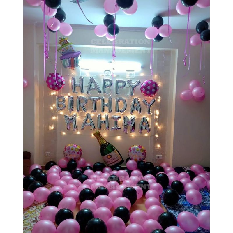 Romantic Pink and Black theme Balloon Decoration for Birthday Surprise for her