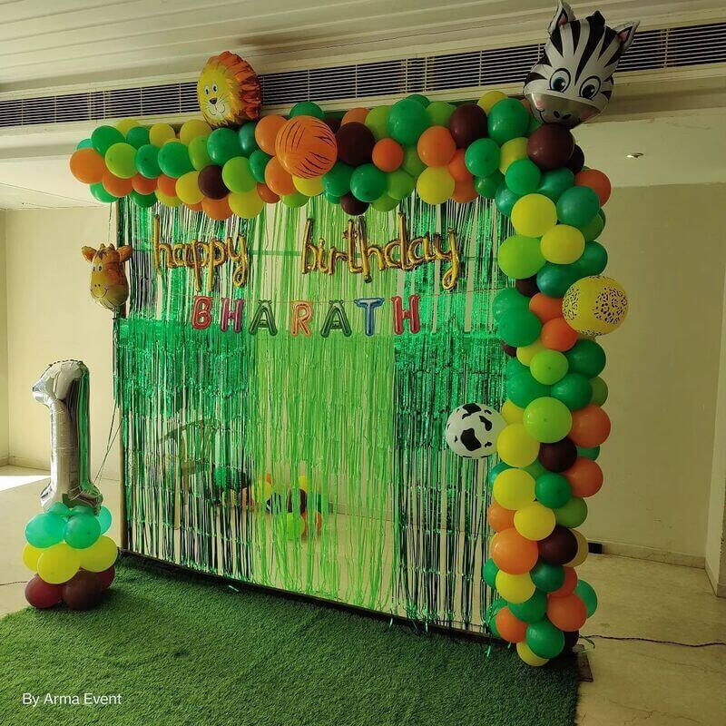 Jungle Theme Balloon Decoration For a 1st Birthday at Banquet Hall
