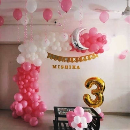 Moon Theme Birthday Decoration at Home with White Pink Balloons