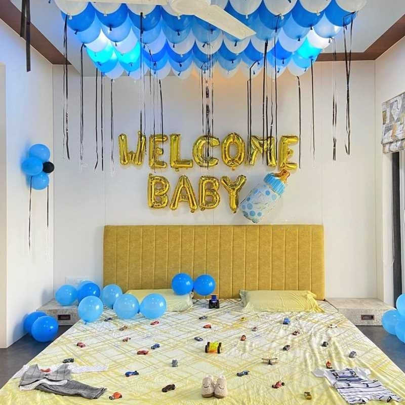 Welcome Baby Boy Balloon Decoration in Room