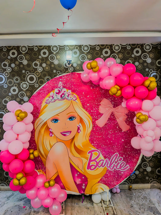 Barbie Theme Birthday Ring Decoration with balloons.