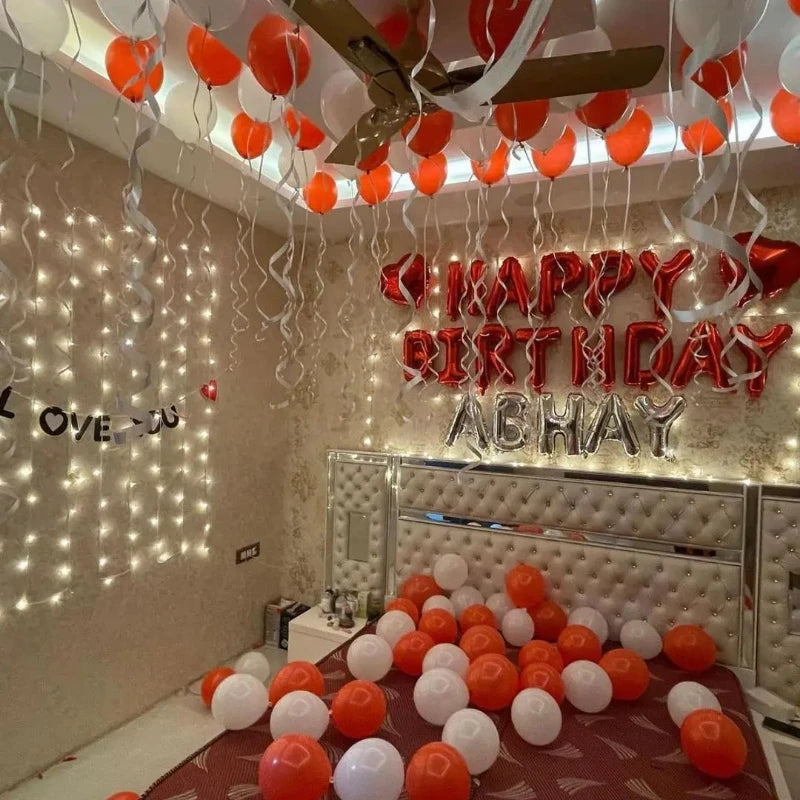 Romantic Room Decoration with Red and White Balloons and Fairy Lights