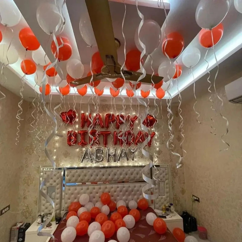 Romantic Room Decoration with Red and White Balloons and Fairy Lights