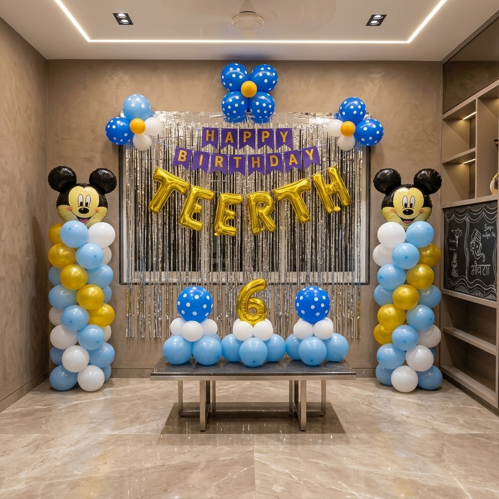 Birthday celebration setup with balloons and decorations in a room.