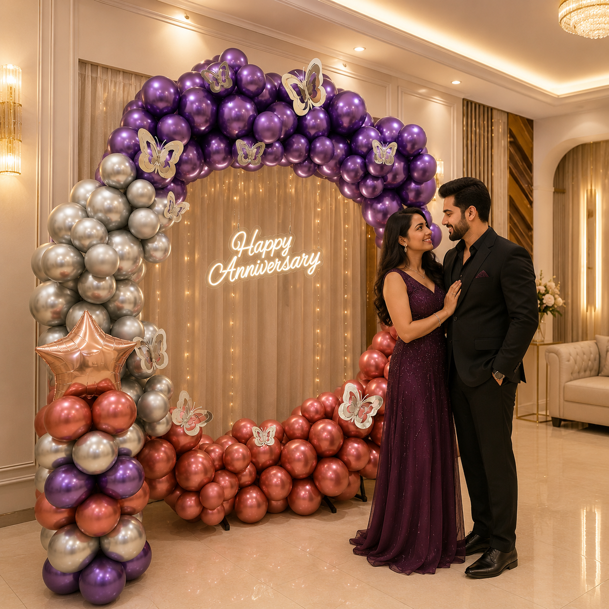 Couple standing in front of a 'Happy Anniversary' balloon arch in a decorated room.