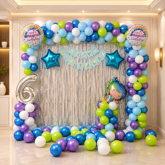 Colorful balloon arch with 'Happy Birthday' and number 6 decorations in a room.