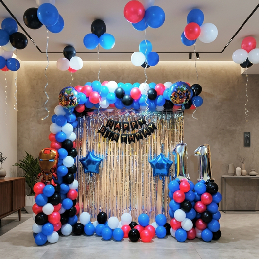 Colorful balloon arch with 'Happy Birthday' banner in a room setting