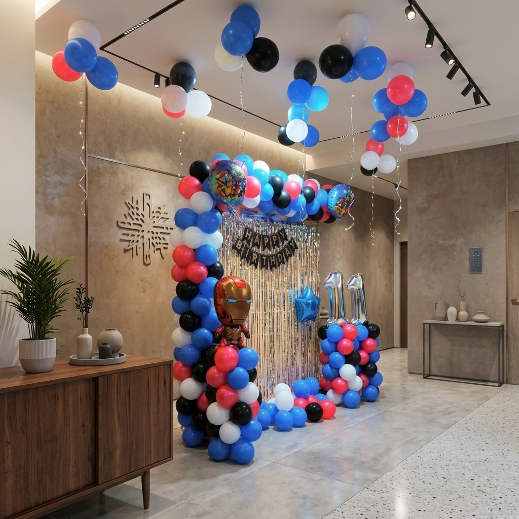 Balloon arch with colorful balloons in a room setting