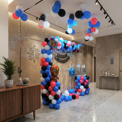 Balloon arch with colorful balloons in a room setting