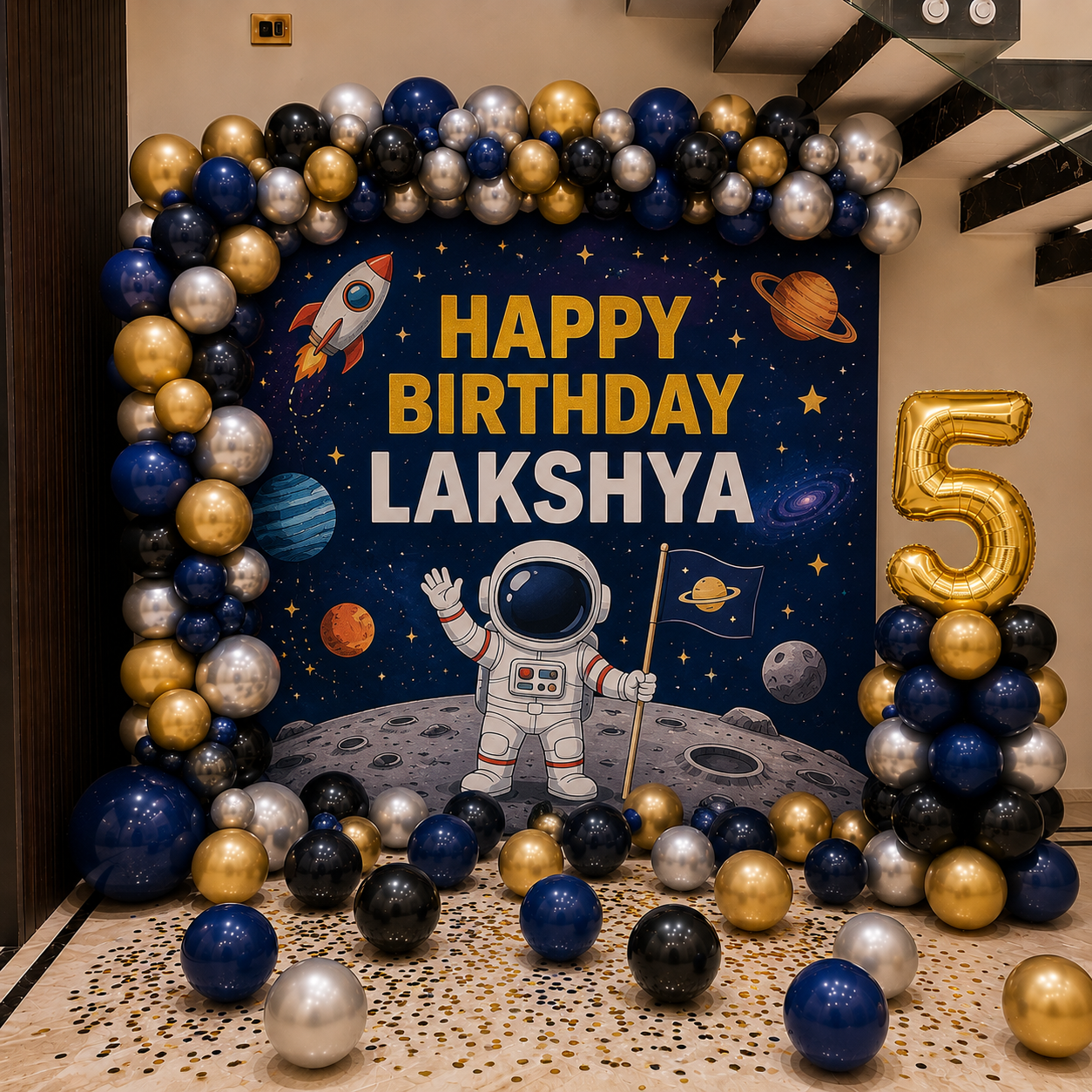 Astronaut Theme Birthday Backdrop with Balloons in Bangalore, Hyderabad, Pune, Mumbai