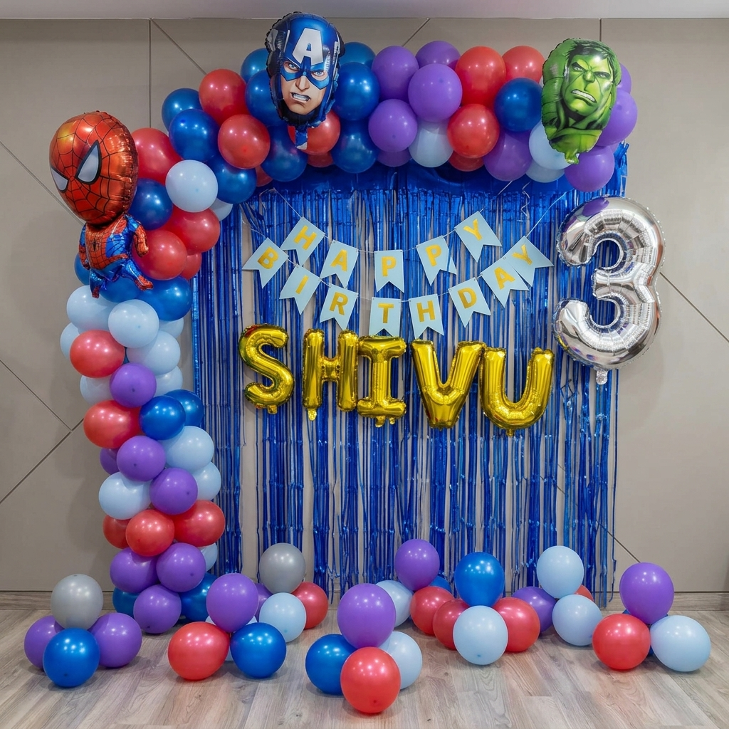 Birthday party setup with superhero balloons and 'Happy Birthday Shivu' banner.